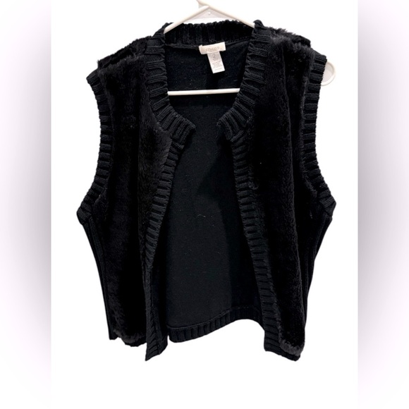 Chico’s Womens Sweater Vest Black Wool Blend Faux Fur Open Front Size Medium - Picture 1 of 3